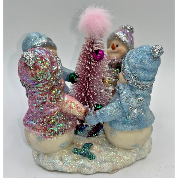 Vintage Four Pastel Pink Blue Snowmen & Pink Bottle Brush Tree Faux Fur OMG OOAK - Picture 10 of 16